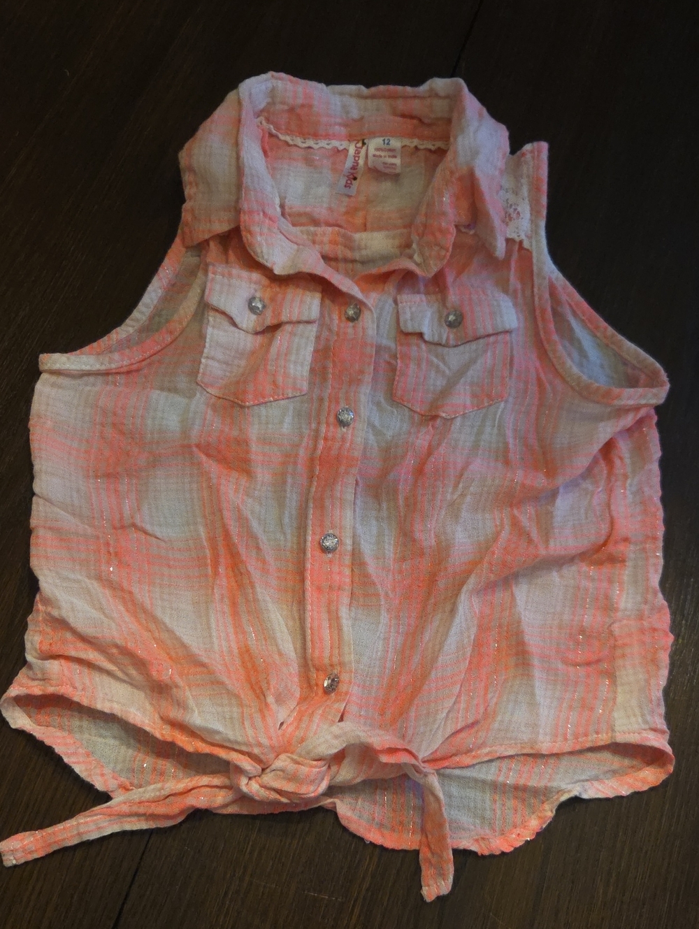 Girls' Coral & White Sleeveless Tie-Front Tank Top